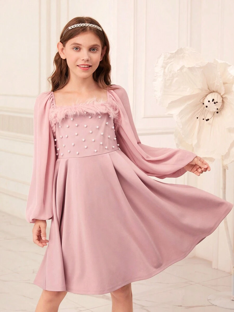 SHEIN 女大童毛茸邊珍珠串珠燈籠袖洋裝 - 粉色 - 查看 1