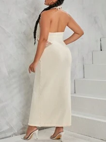 Flirla Plus Tie Backless Halter Sweater Dress - Apricot - View 2