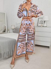 SHEIN Unity Scarf Print Shirt & Wide Leg Pants - Yellow - View 4