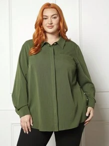 SHEIN CURVE+ Plus Solid Button Detail Shirt - Black and White - View 5