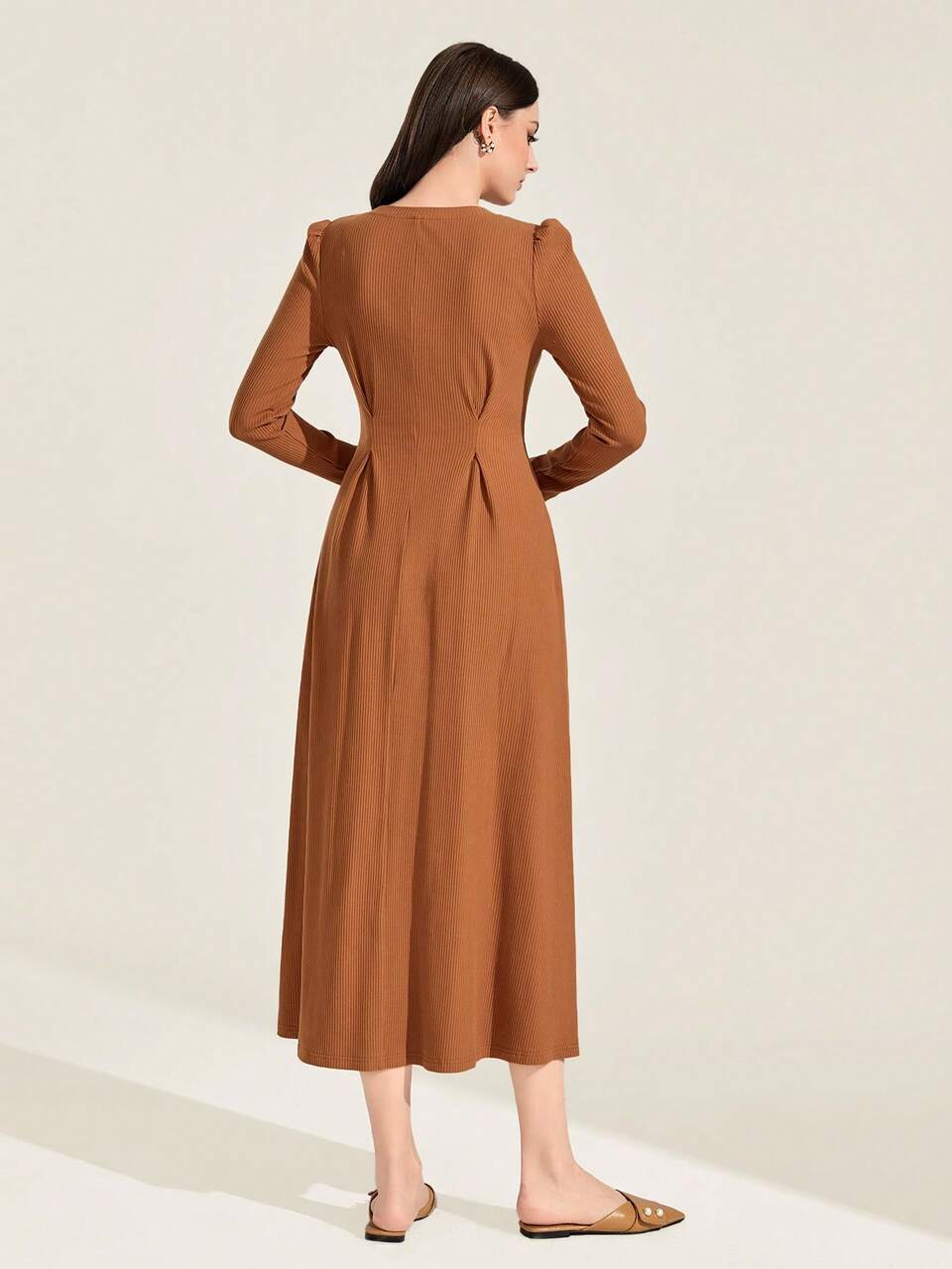 Cotton Solid Plicated Detail Puff Sleeve A-line Dress