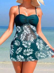 Swim Lushoire Summer Beach Tropical Print Ruched Dress Swimsuit - Teal Blue - View 1