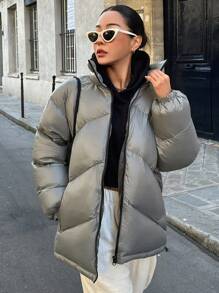 DAZY 拉链抽绳下摆加厚口袋加厚外套，女士冬季外套夹克 - 灰色 - 查看 4