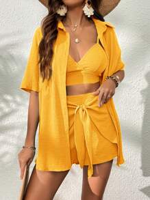 SHEIN VCAY Solid Cami Top & Tie Front Shorts & Drop Shoulder Blouse - Yellow - View 6