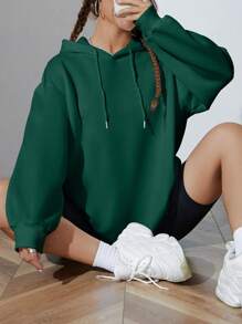 SHEIN EZwear 素色抽繩落肩袖連帽衫 - 墨綠色 - 查看 1