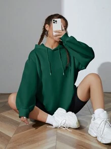 SHEIN EZwear 素色抽繩落肩袖連帽衫 - 墨綠色 - 查看 3