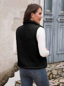 Women's Casual Basic Teddy Fur Sleeveless Jacket Vest, Autumn/Winter - Black - View 2