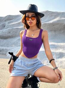 SHEIN Coolane 字母補丁細節弧形下擺背心上衣 - 紫色 - 查看 4