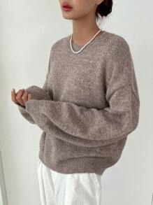 DAZY Jersey de hombros caídos tejido jaspeado - Caqui - Ver 7