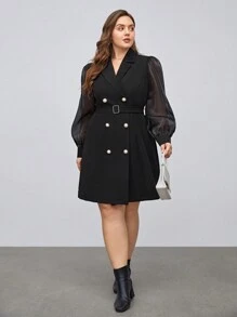 BizChic Damenanzug Jacke Und Kleid Mit Doppelreihigem Gürtel In Plus-größe, Schwarz Mit Mesh-einsatz Und Ballonärmel - Schwarz - Übersicht 6