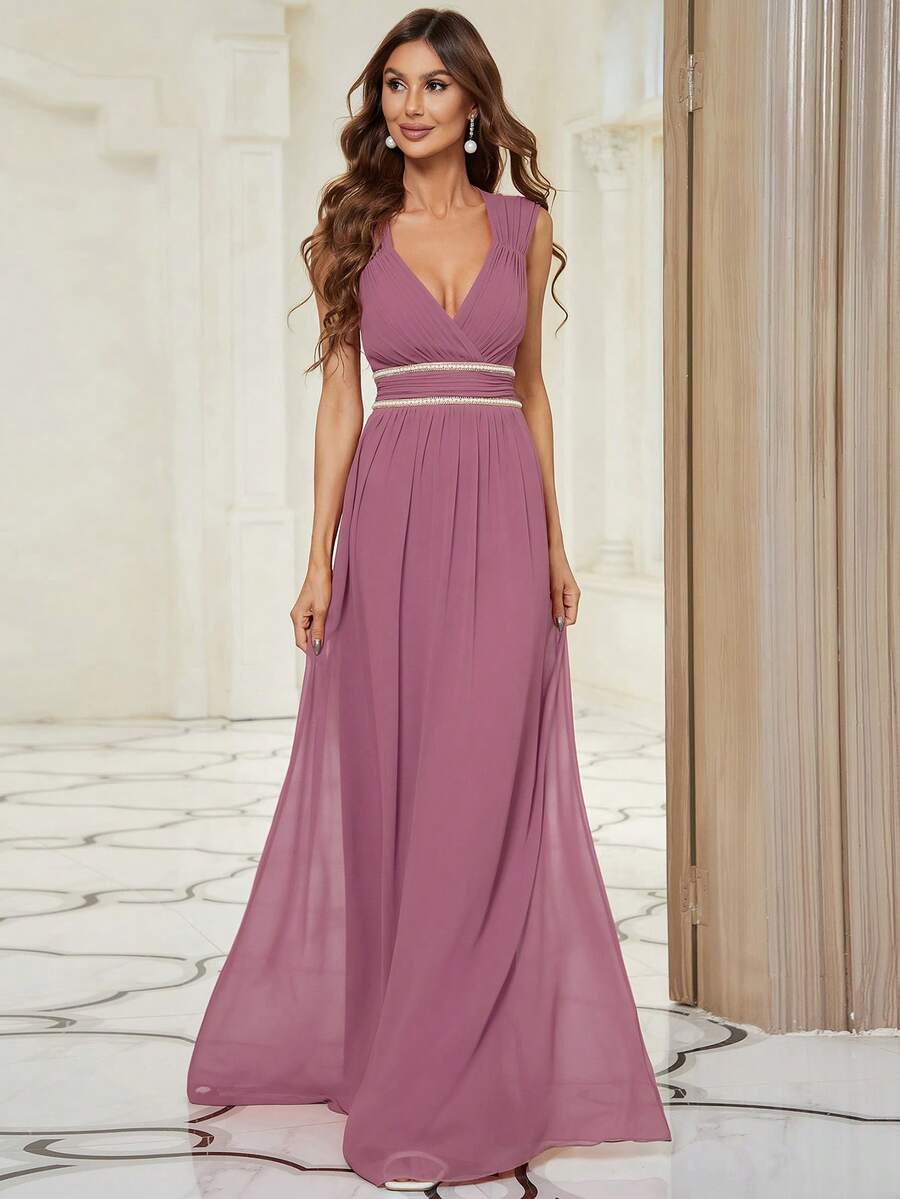 EVERPRETTY Plunging Neck Pearls Beaded Chiffon Bridesmaid Dress - Dusty Pink - View 1