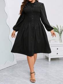 SHEIN Clasi Plus Solid Button Front Shirred Shirt Dress