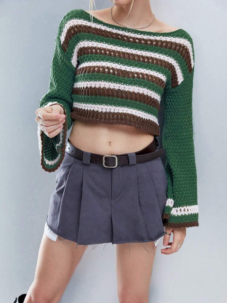 Striped Pattern Pointelle Knit Crop Knit Pullover Fall Winter Sweater