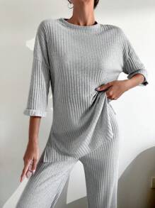 EURMUSE 100%Cotton Drop Shoulder Tee & Wide Leg Pants - Light Grey - View 3