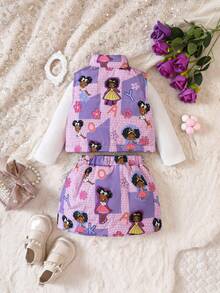 女嬰人像圖案拉鏈開襟夾克背心&半身裙 - 粉色 - 查看 2