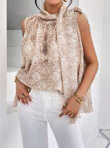 SHEIN Privé Hoa Dệt hoa Áo cổ bò Áo sơ mi - Màu Khaki - Xem 7