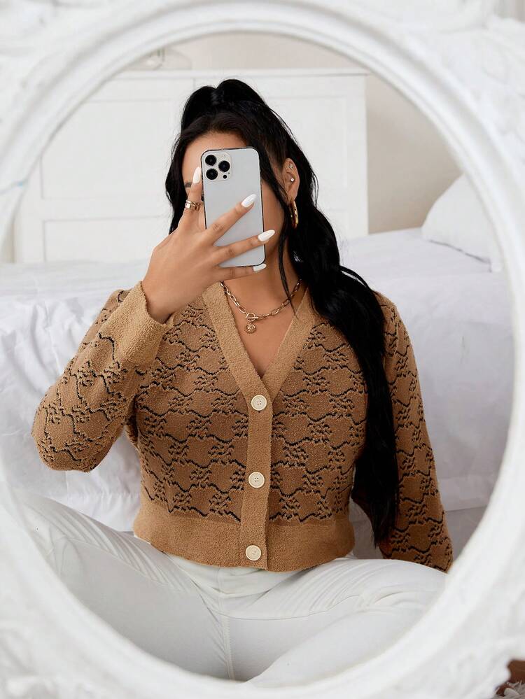 Plus Graphic Pattern Button Through Cardigan Fall Cloth For Women