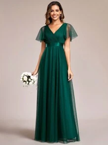 Elegant V-Neck A-Line Sheer Dark Green Bridesmaid Dress, Suitable For Wedding Guests, Wedding Parties, Formal Occasions, Valentine's Day And More - Dark Green - View 8