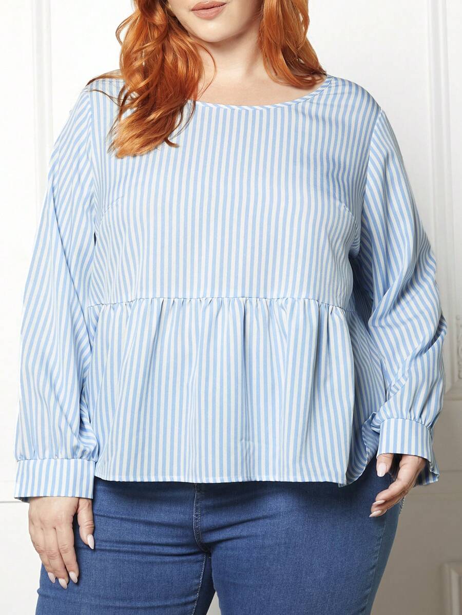 SHEIN CURVE+ Plus Striped Print Ruffle Hem Blouse - Blue - View 1