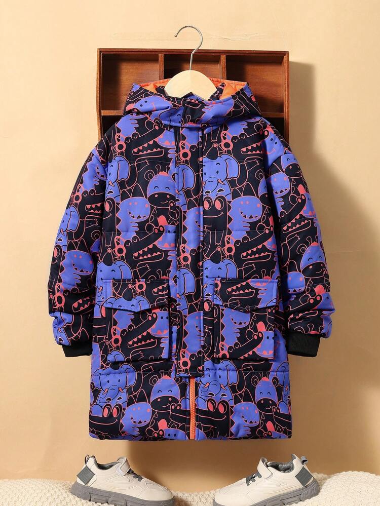 Tween Boys Casual Printed Hooded Thick Warm Loose Open Front Winter Coat Parka