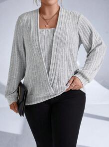 EMERY ROSE Plus Solid Rib-Knit Sweatshirt Graduation,Back To School,Graduation,Teacher For Women,Back To School Pullover Fall Winter Sweatshirt Autumn - Grey - View 4