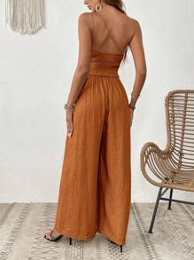 SHEIN VCAY Solid Wide Leg Cami Jumpsuit - Rust Brown - View 3