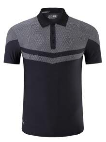 Manfinity Sport Corelite 男士對比面板運動款短袖POLO衫，適用於運動上衣 - 黑色 - 查看 4