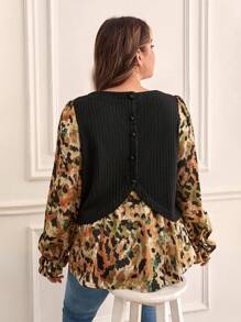 SHEIN Frenchy 大碼圖案印花荷葉袖假兩件襯衫 - 彩色 - 查看 1