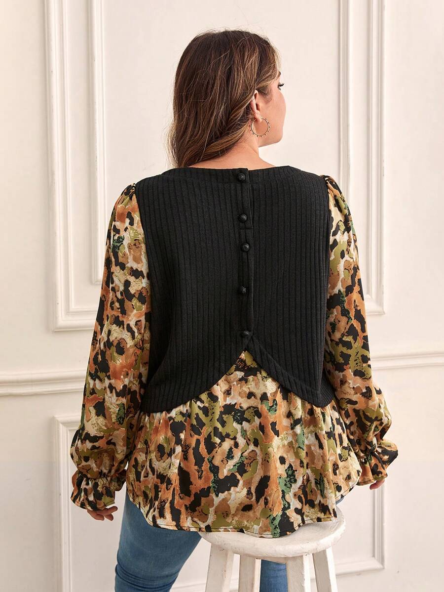 SHEIN Frenchy 大碼圖案印花荷葉袖假兩件襯衫 - 彩色 - 查看 1