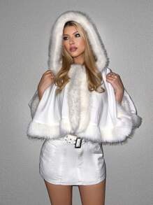Sweetina Fuzzy Trim Hooded Cape Coat - White - View 1