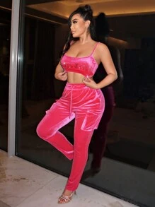 SHEIN SXY Rhinestone Chi tiết Cắt chóp Cami & Quần - Màu Hồng Tươi - Xem 6