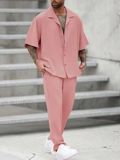 Manfinity Homme Men's Loose Fit Solid Color Lapel Neck Plain Shirt & Pants Set, For Boyfriend Gift, Men's Co-Ord Set, Men's Summer Outfit, Men's Pink Two-Piece Outfit