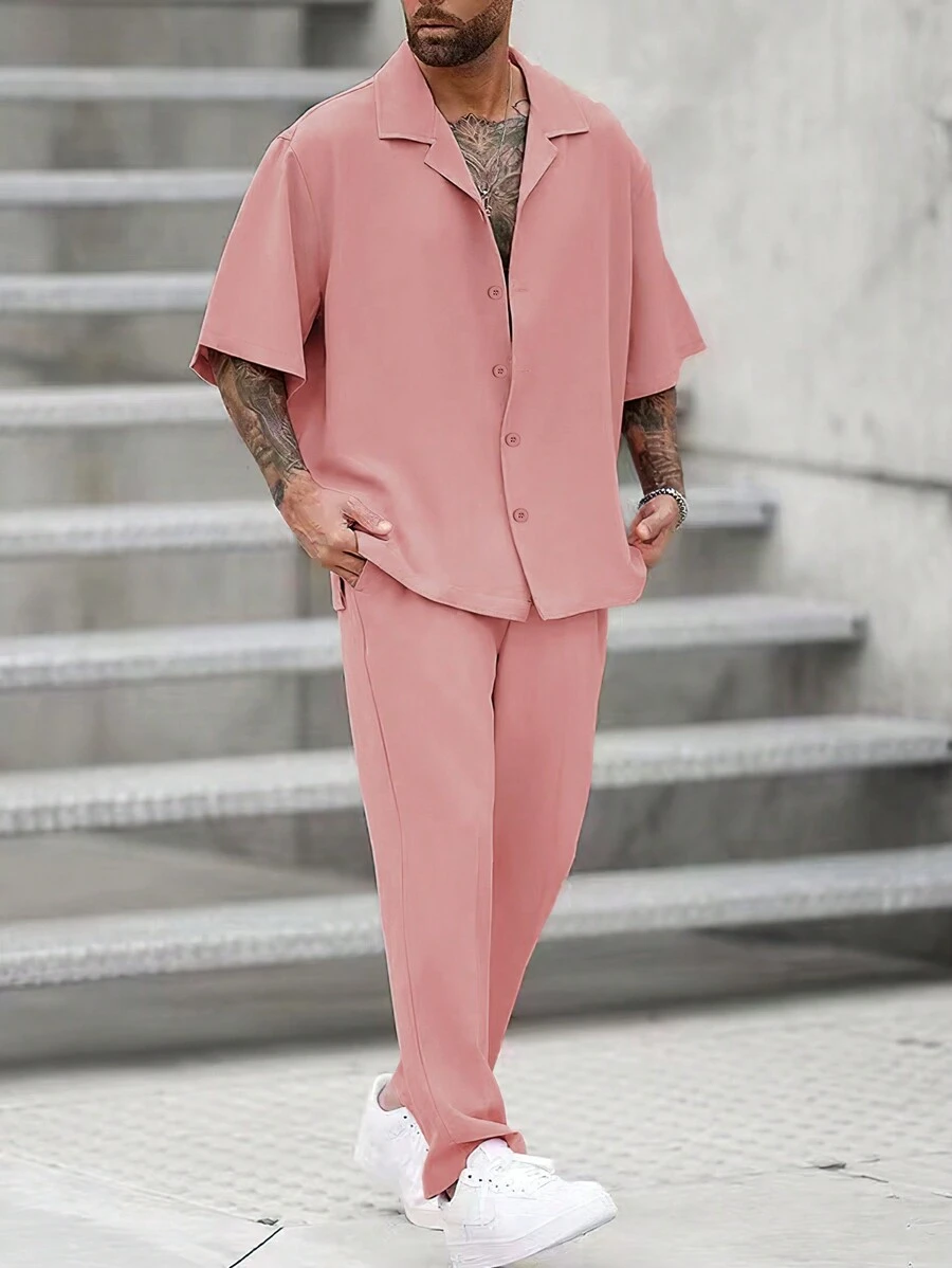 Manfinity Homme Men's Loose Fit Solid Color Lapel Neck Plain Shirt & Pants Set, For Boyfriend Gift, Men's Co-Ord Set, Men's Summer Outfit, Men's Pink Two-Piece Outfit - Dusty Pink - View 1