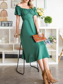 胸部褶皺打褶後綁帶洋裝 - 綠色 - 查看 3