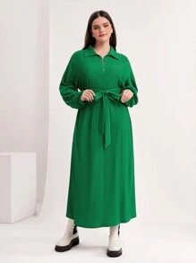 Seusyu Plus Drop Shoulder Belted Dress - Green - View 3