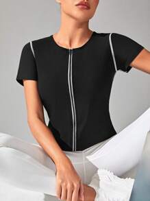 Top-stitching Round Neck Sports Tee - Black - View 4