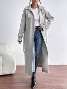 SHEIN Essnce 插肩袖腰帶花呢外套 - 灰色 - 查看 4