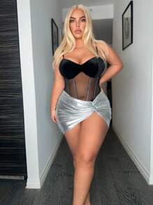 SHEIN SXY Bộ đồ liền thân lưới tương phản đính đá cỡ lớn cho nữ Câu lạc bộ trang phục gợi cảm - màu đen - Xem 5