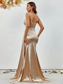 Asymmetric Neckline Ruched High Slit Satin Formal Dress, Elegant Bridesmaid Dress - Champagne - View 2