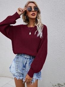 SHEIN LUNE Áo len chui đầu tay phồng, vai rớt, chất liệu dệt kim gân, màu trơn, thích hợp cho mùa thu đông. - Đỏ - Xem 1