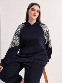 Mulvari Plus Geo Print Raglan Sleeve Hoodie & Sweatpants - Navy Blue - View 2