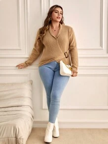 SHEIN Frenchy Plus Buckle Detail Wrap Cross Sweater Fall/Winter - Khaki - View 4