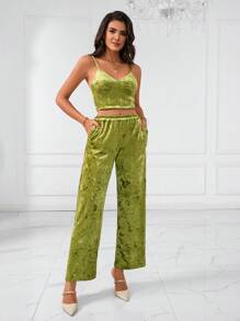 Aveloria Solid Velvet Cami Top & Wide Leg Pants - Olive Green - View 3