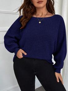 SHEIN LUNE Plus Batwing Sleeve Ribbed Knit Sweater Knit Pullover Fall Winter Autumn Sweater - Navy Blue - View 1