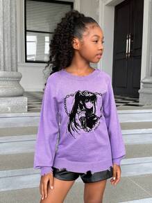 SHEIN Tween Girl Figure Pattern Raglan Sleeve Sweater