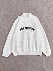SHEIN EZwear Hơn Thêu Chữ Túi kangaroo Thả vai Áo nỉ - trắng - Xem 3