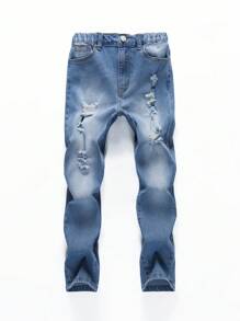 Tween Boys Washed Ripped Jeans - Medium Wash - View 1