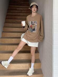 DAZY 字母圖案落肩袖超大號T恤 - 卡其色 - 查看 11