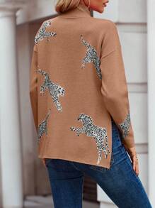 SHEIN LUNE 豹纹图案落肩开衩下摆针织套头衫秋冬毛衣 - 橘色 - 查看 2