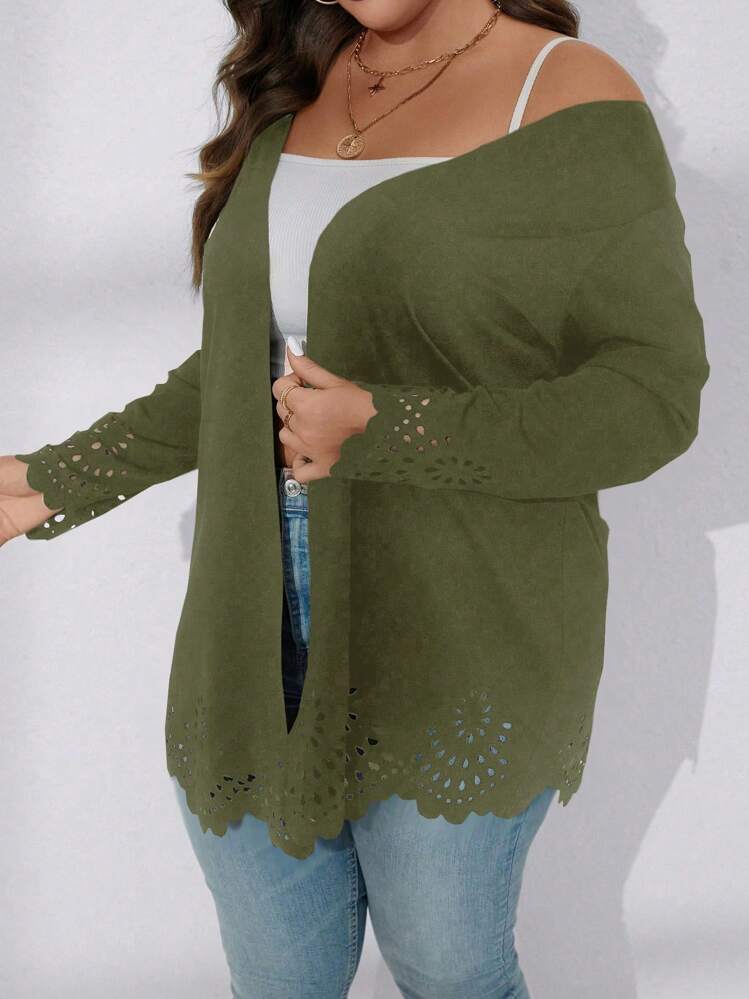 SHEIN LUNE מידות גדולות חיתוך לייזר פתח קדמי מעיל - צבאי ירוק - ראה 3